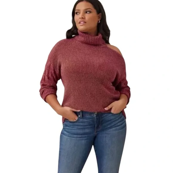 Torrid Maroon Metallic Cable Knit Pullover Cold Shoulder Sweater Size 1X - Picture 1 of 11